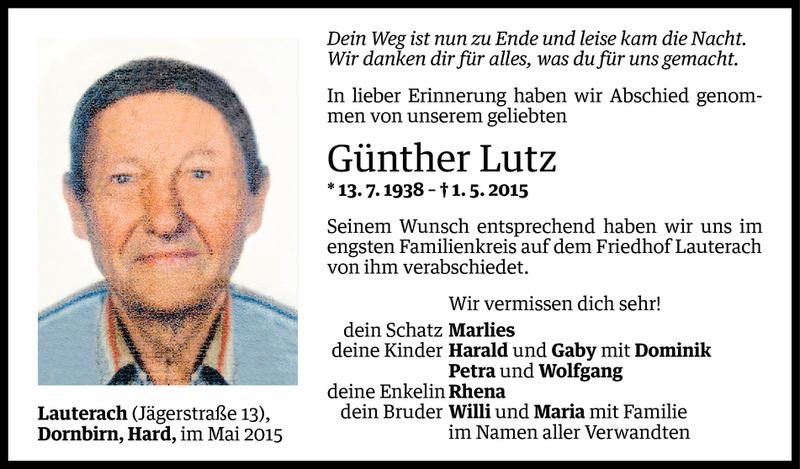  Todesanzeige für Günther Lutz vom 08.05.2015 aus Vorarlberger Nachrichten