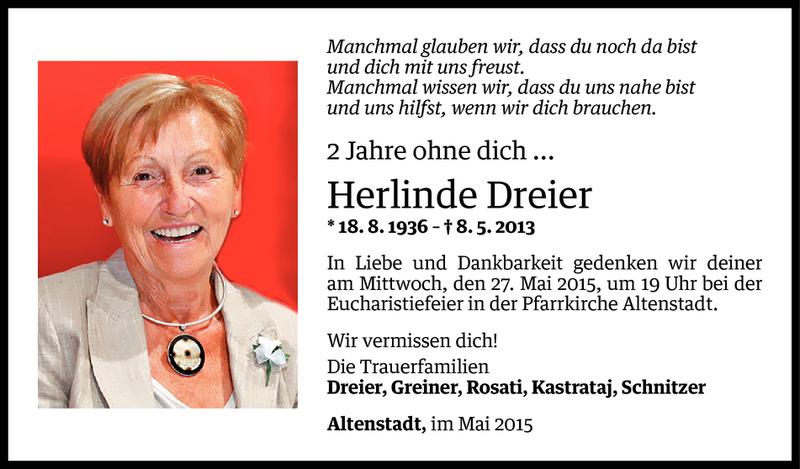  Todesanzeige für Herlinde Dreier vom 07.05.2015 aus Vorarlberger Nachrichten