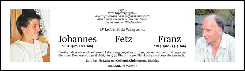  Todesanzeige für Franz Fetz vom 08.05.2015 aus Vorarlberger Nachrichten