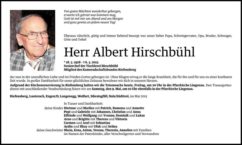  Todesanzeige für Albert Hirschbühl vom 07.05.2015 aus Vorarlberger Nachrichten