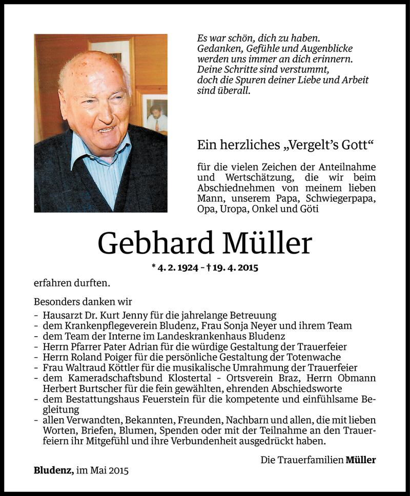  Todesanzeige für Gebhard Müller vom 08.05.2015 aus Vorarlberger Nachrichten