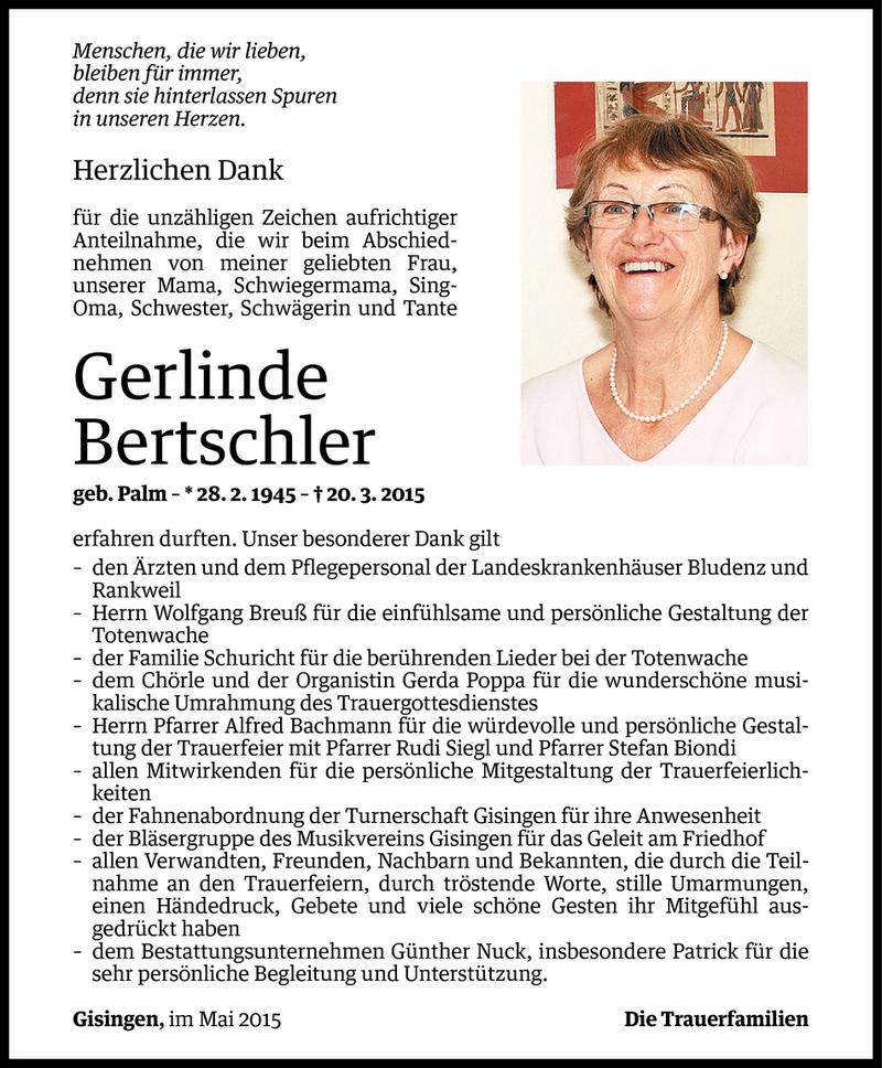  Todesanzeige für Gerlinde Bertschler vom 08.05.2015 aus Vorarlberger Nachrichten