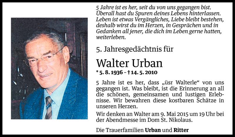  Todesanzeige für Walter Urban vom 08.05.2015 aus Vorarlberger Nachrichten