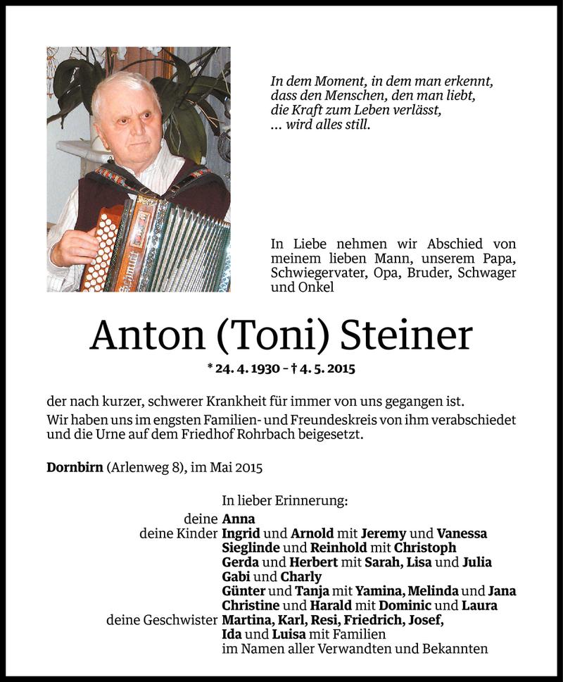  Todesanzeige für Anton Steiner vom 08.05.2015 aus Vorarlberger Nachrichten