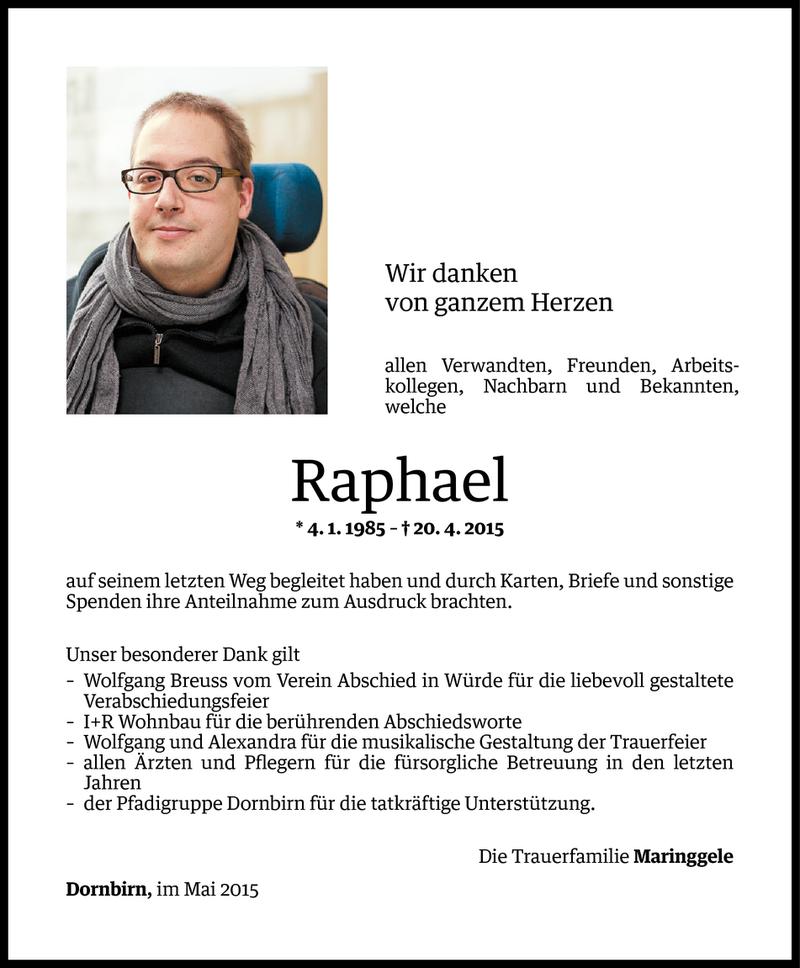  Todesanzeige für Raphael Maringgele vom 08.05.2015 aus Vorarlberger Nachrichten