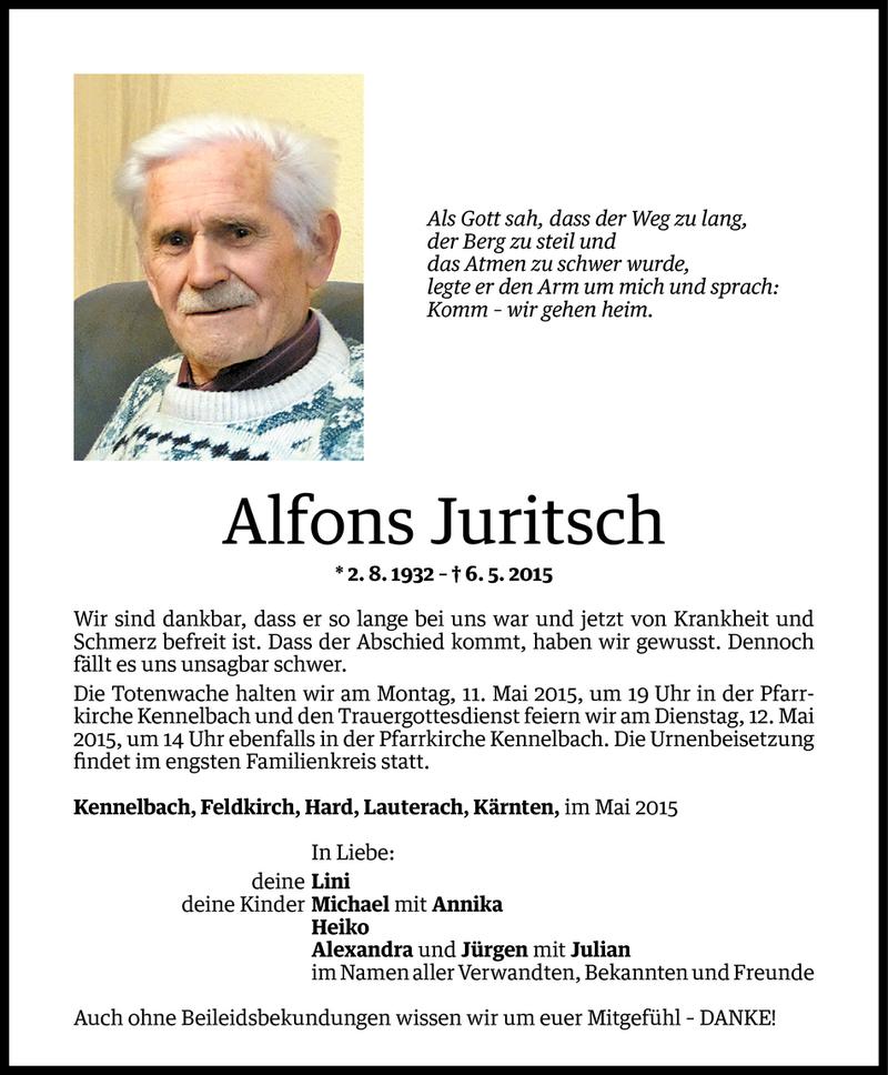  Todesanzeige für Alfons Juritsch vom 08.05.2015 aus Vorarlberger Nachrichten