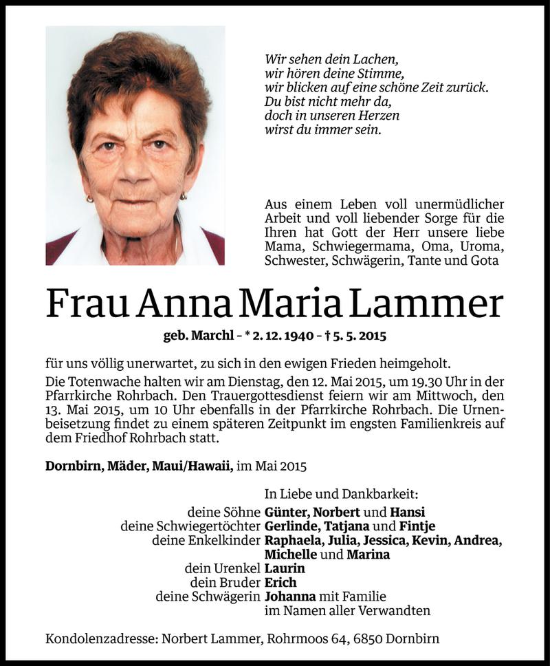  Todesanzeige für Anna Maria Lammer vom 08.05.2015 aus Vorarlberger Nachrichten