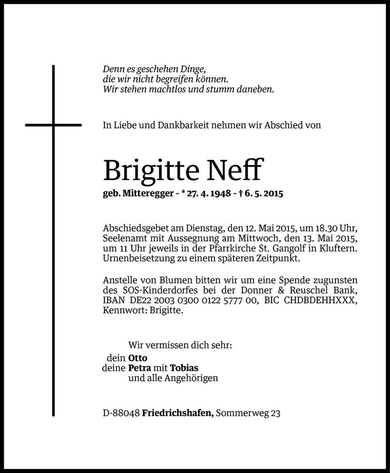  Todesanzeige für Brigitte Neff vom 08.05.2015 aus Vorarlberger Nachrichten