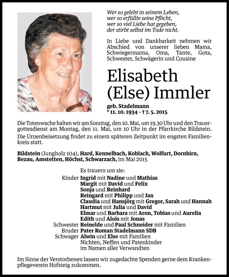  Todesanzeige für Elisabeth Immler vom 08.05.2015 aus Vorarlberger Nachrichten