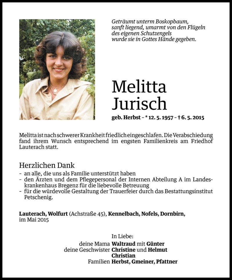  Todesanzeige für Melitta Jurisch vom 16.05.2015 aus Vorarlberger Nachrichten