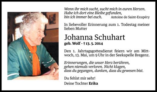 Todesanzeige von Johanna Schuhart von Vorarlberger Nachrichten