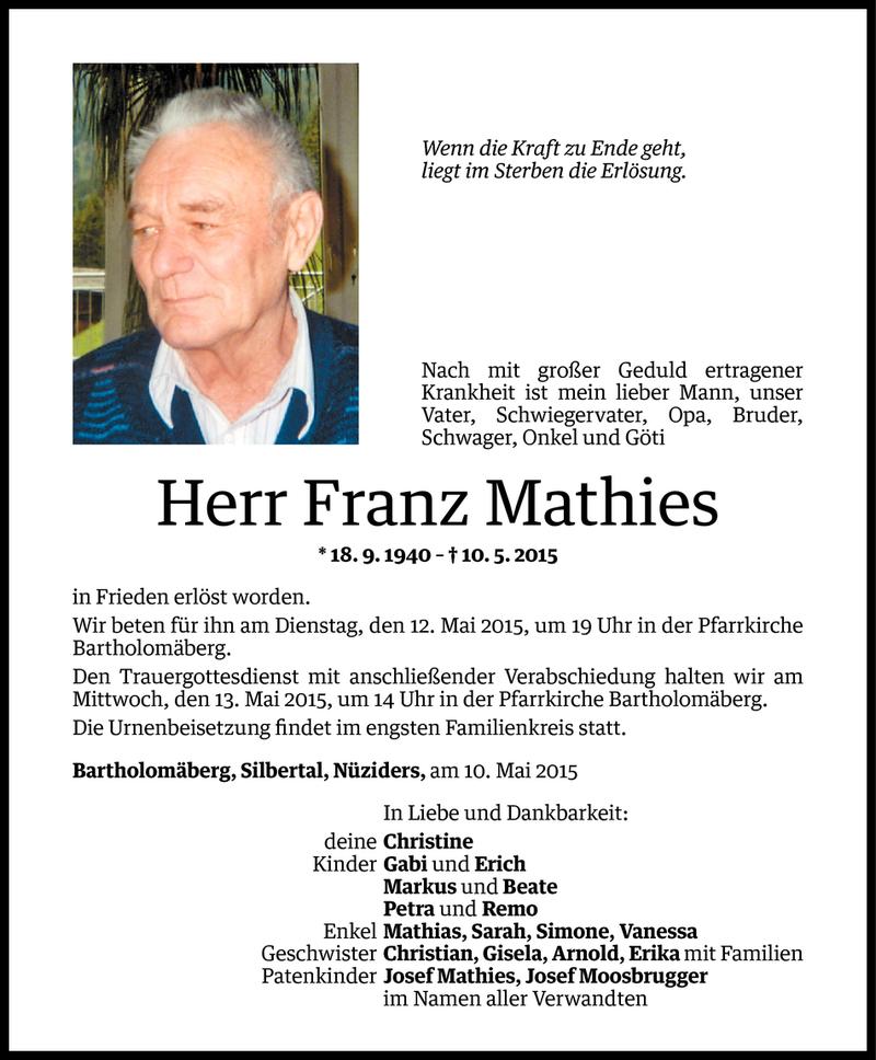  Todesanzeige für Franz Mathies vom 11.05.2015 aus Vorarlberger Nachrichten