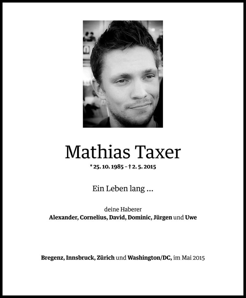  Todesanzeige für Mathias Taxer vom 11.05.2015 aus Vorarlberger Nachrichten