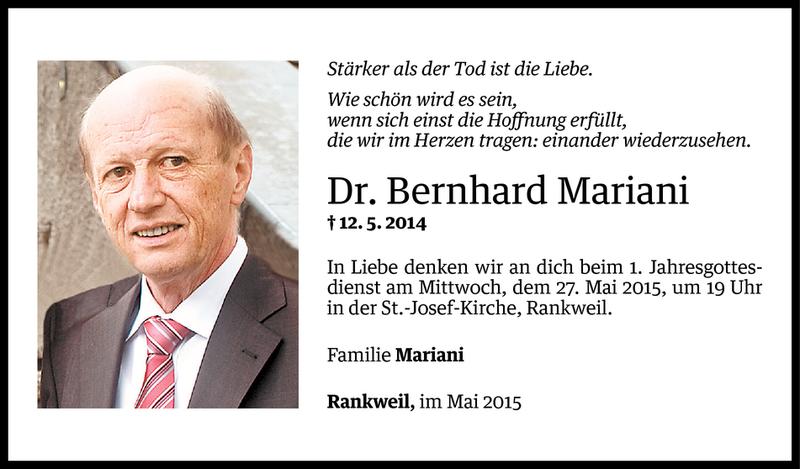  Todesanzeige für Bernhard Mariani vom 11.05.2015 aus Vorarlberger Nachrichten