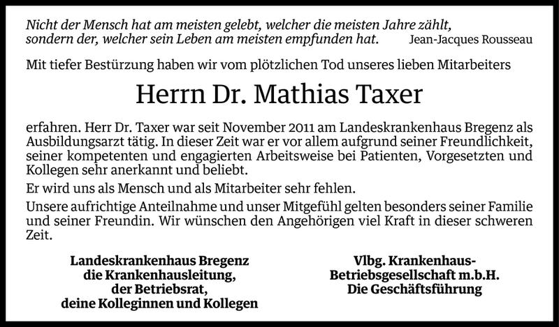  Todesanzeige für Mathias Taxer vom 11.05.2015 aus Vorarlberger Nachrichten