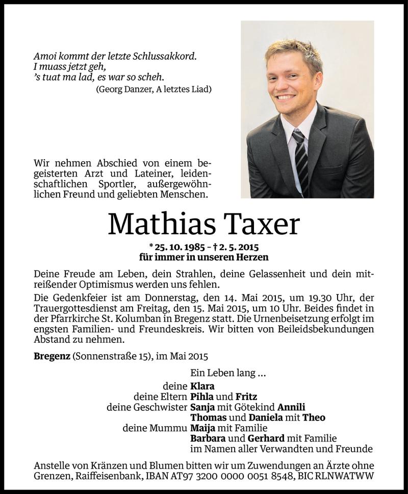  Todesanzeige für Mathias Taxer vom 11.05.2015 aus Vorarlberger Nachrichten