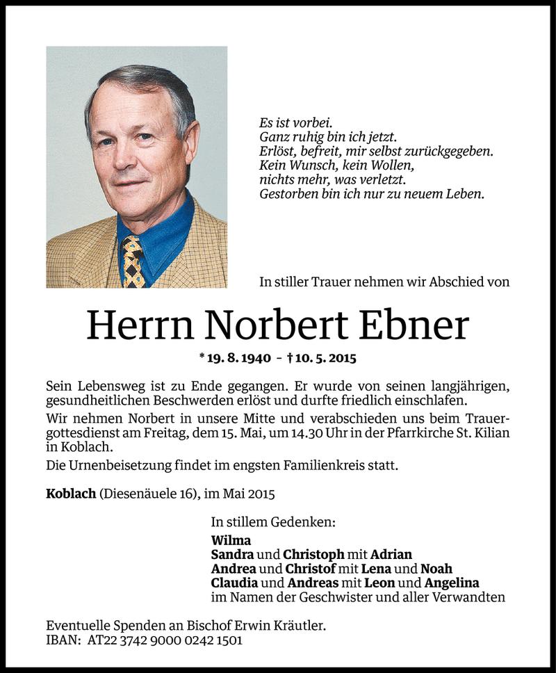  Todesanzeige für Norbert Ebner vom 13.05.2015 aus Vorarlberger Nachrichten