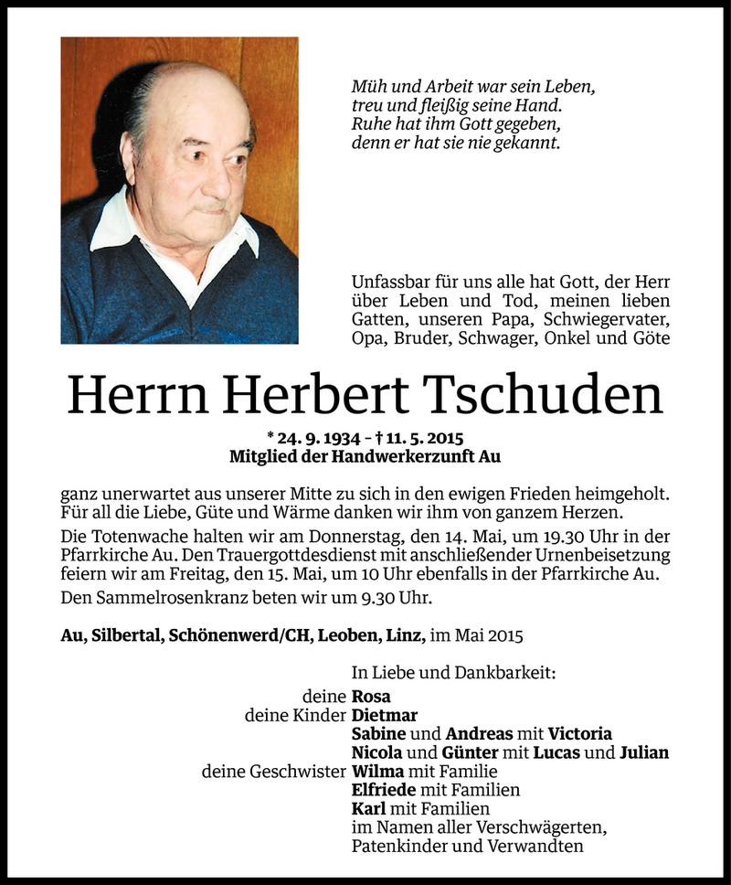  Todesanzeige für Herbert Tschuden vom 12.05.2015 aus Vorarlberger Nachrichten