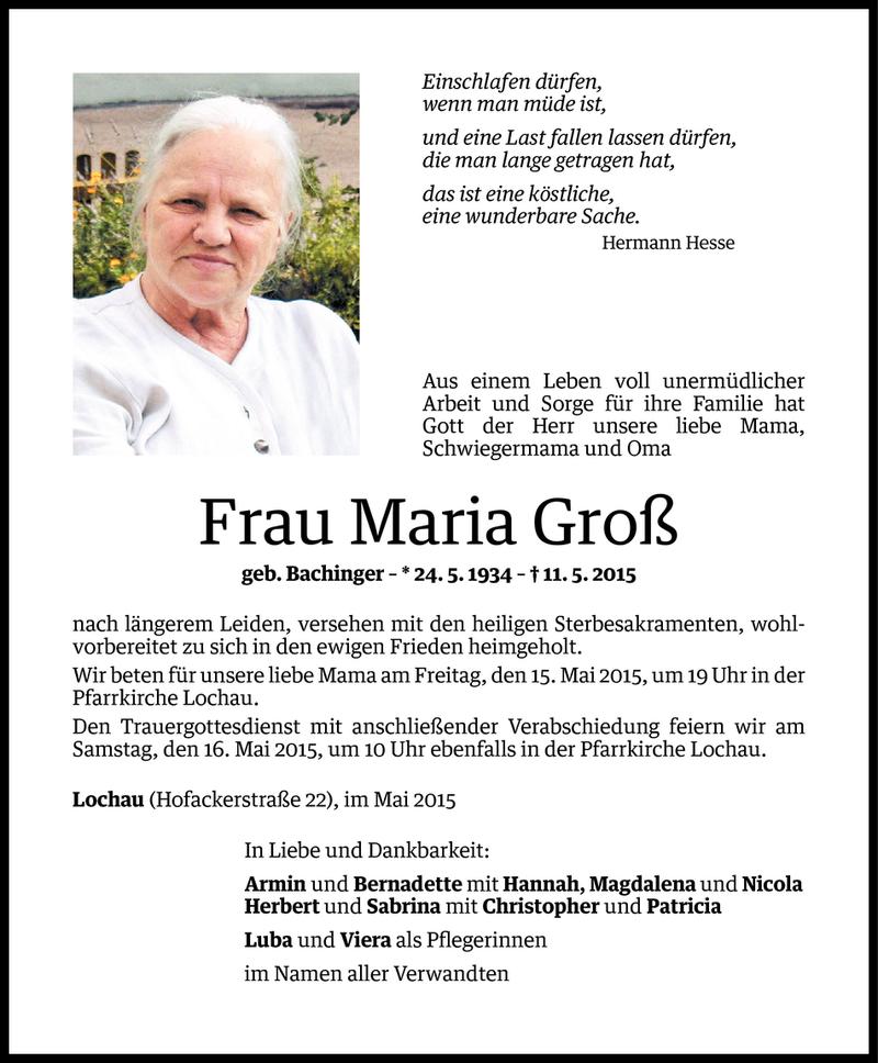  Todesanzeige für Maria Groß vom 13.05.2015 aus Vorarlberger Nachrichten