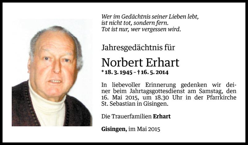  Todesanzeige für Norbert Erhart vom 13.05.2015 aus Vorarlberger Nachrichten