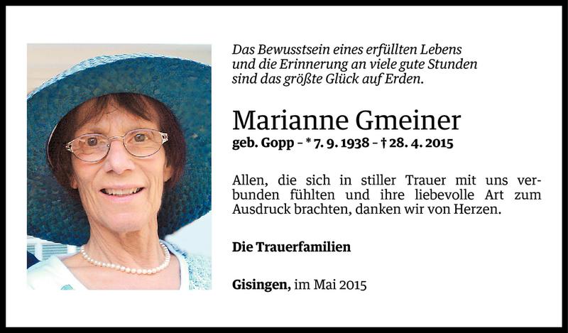  Todesanzeige für Marianne Gmeiner vom 15.05.2015 aus Vorarlberger Nachrichten