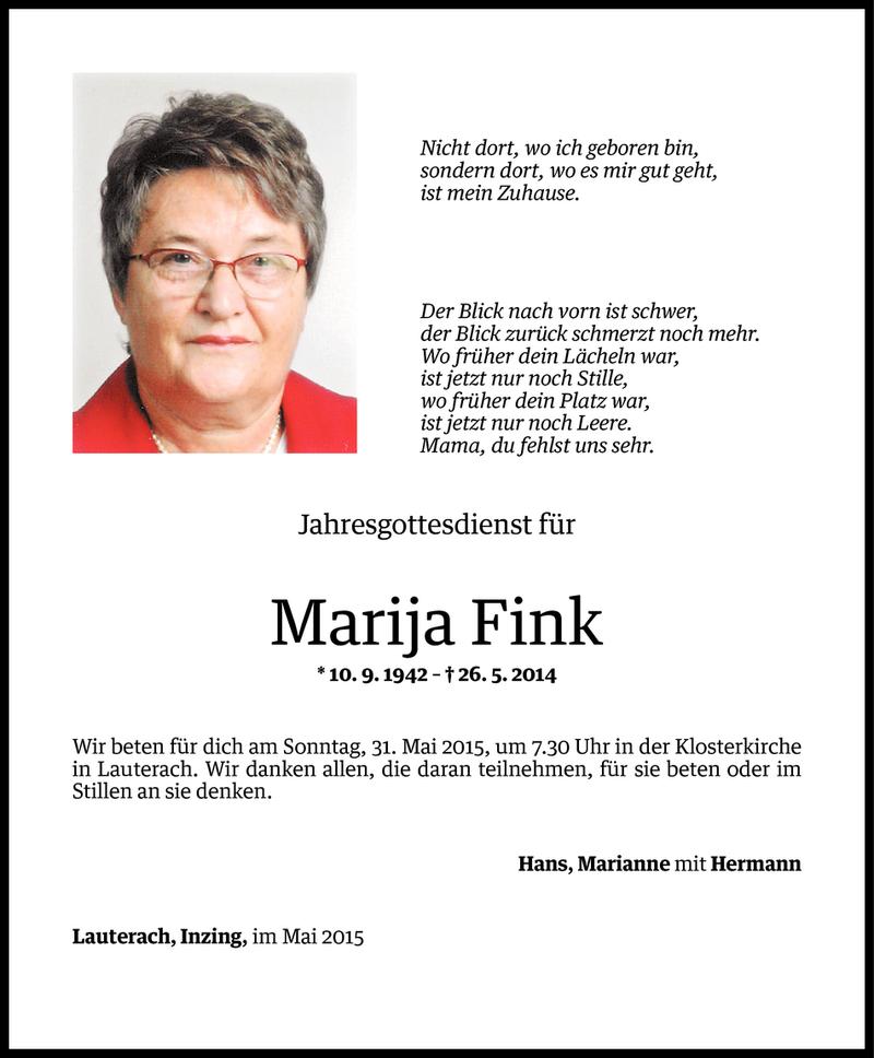  Todesanzeige für Marija Fink vom 25.05.2015 aus Vorarlberger Nachrichten
