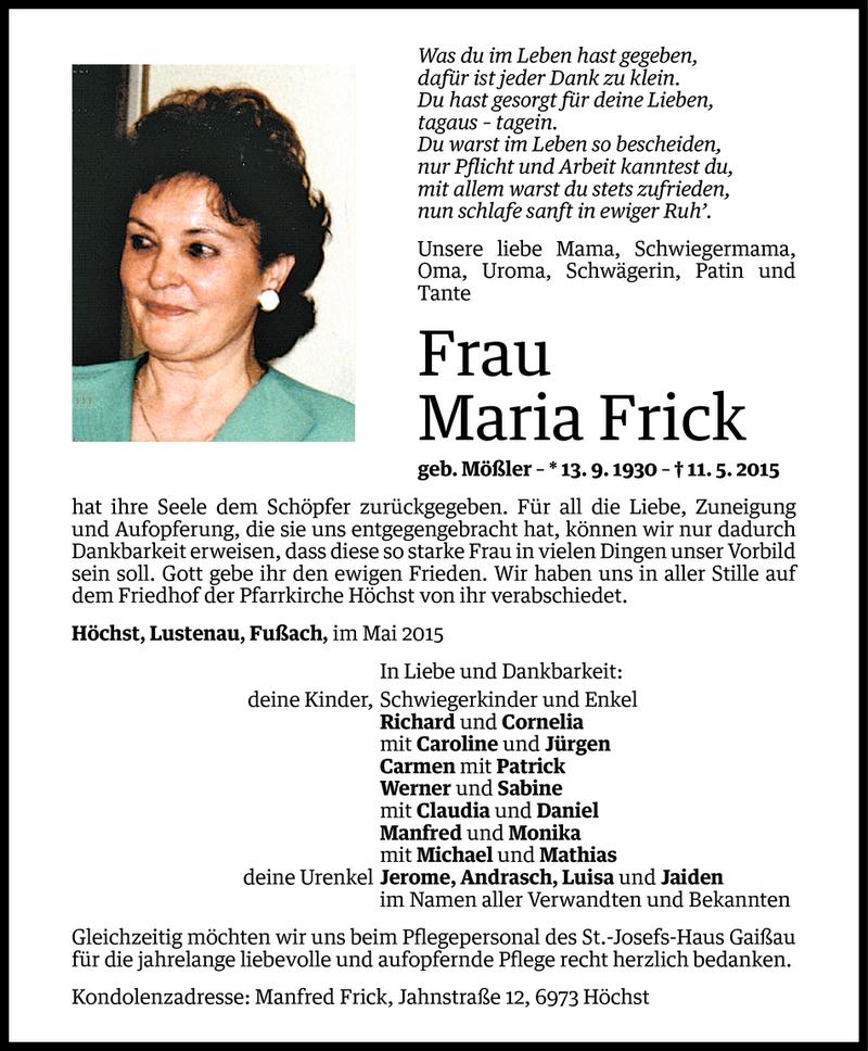  Todesanzeige für Maria Frick vom 15.05.2015 aus Vorarlberger Nachrichten