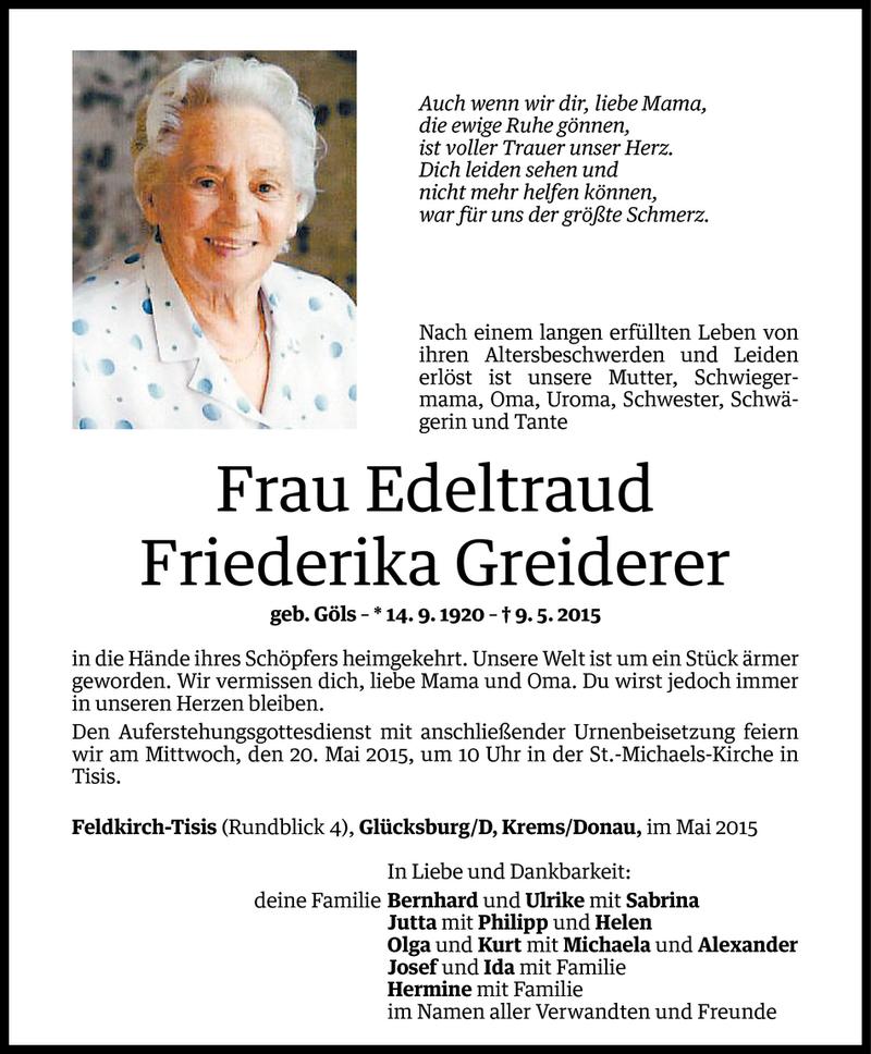  Todesanzeige für Edeltraud Friederika Greiderer vom 15.05.2015 aus Vorarlberger Nachrichten