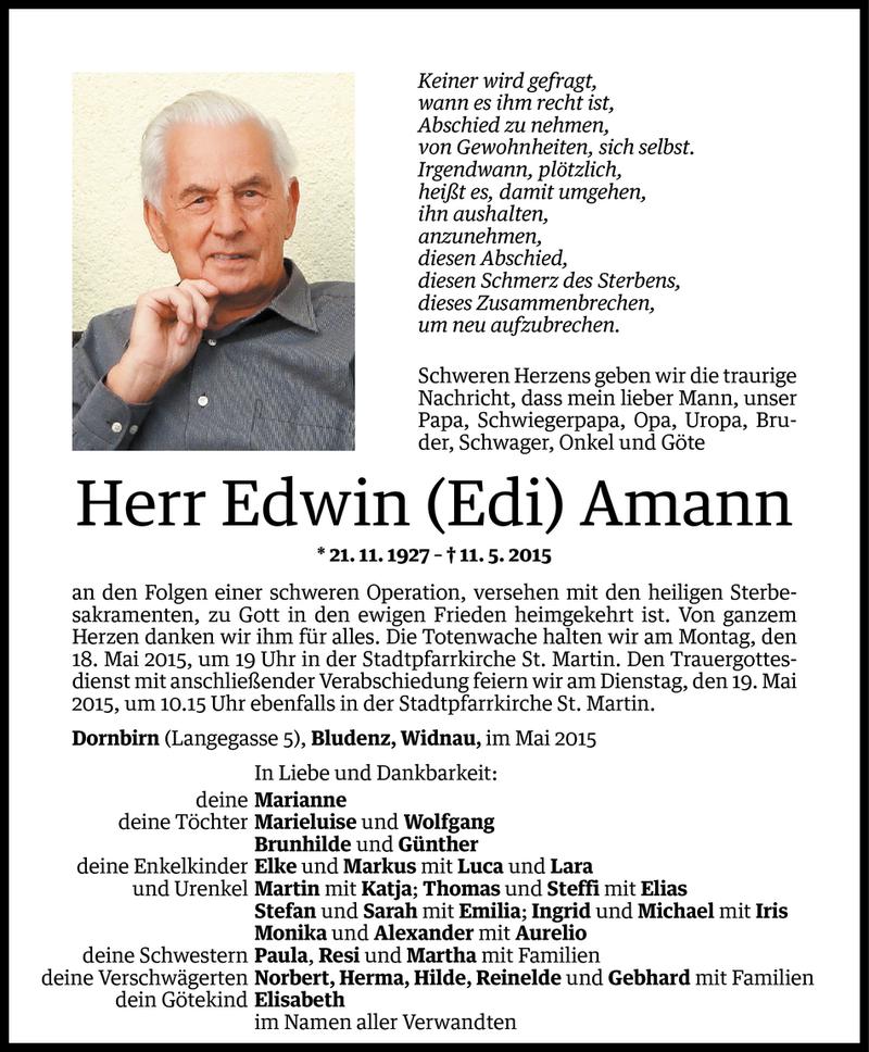  Todesanzeige für Edwin Amann vom 15.05.2015 aus Vorarlberger Nachrichten