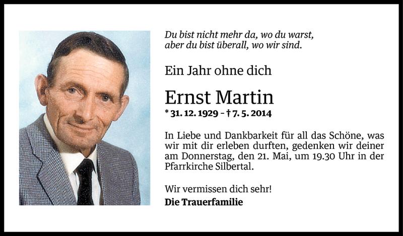  Todesanzeige für Ernst Martin vom 15.05.2015 aus Vorarlberger Nachrichten