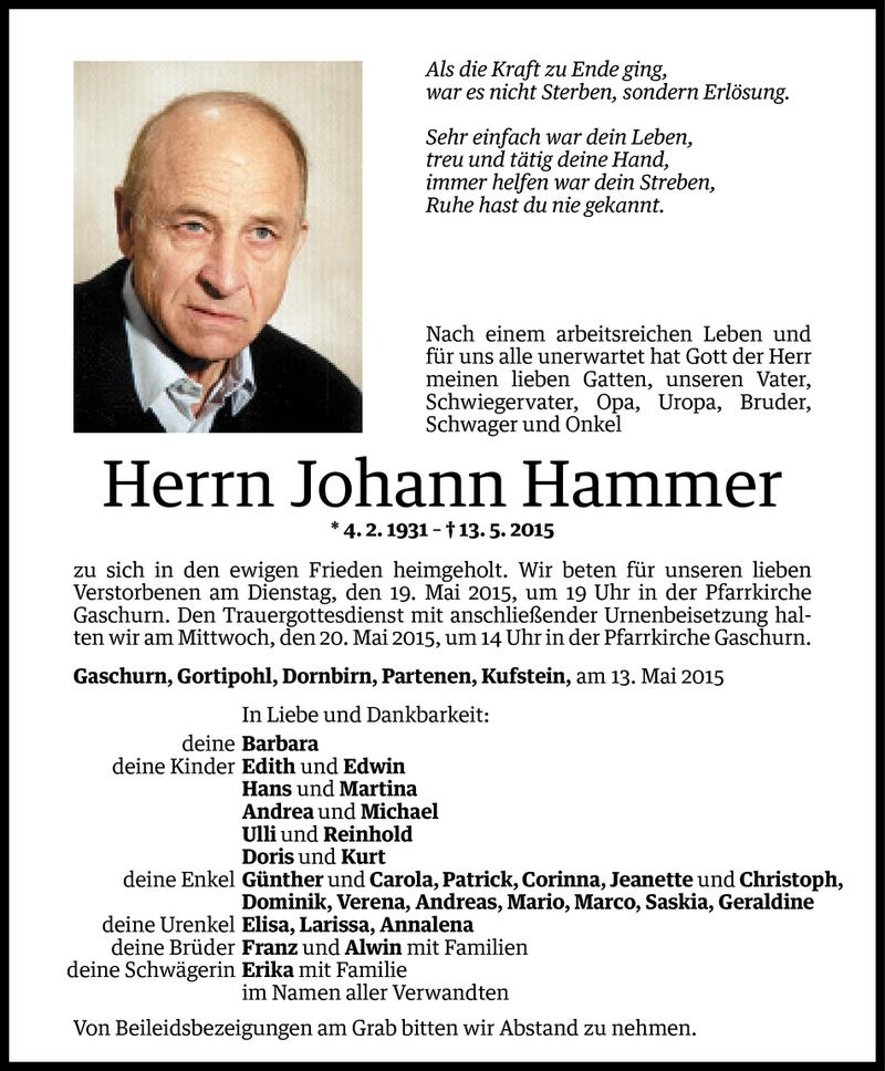  Todesanzeige für Johann Hammer vom 15.05.2015 aus Vorarlberger Nachrichten