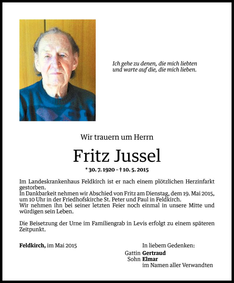  Todesanzeige für Fritz Jussel vom 16.05.2015 aus Vorarlberger Nachrichten