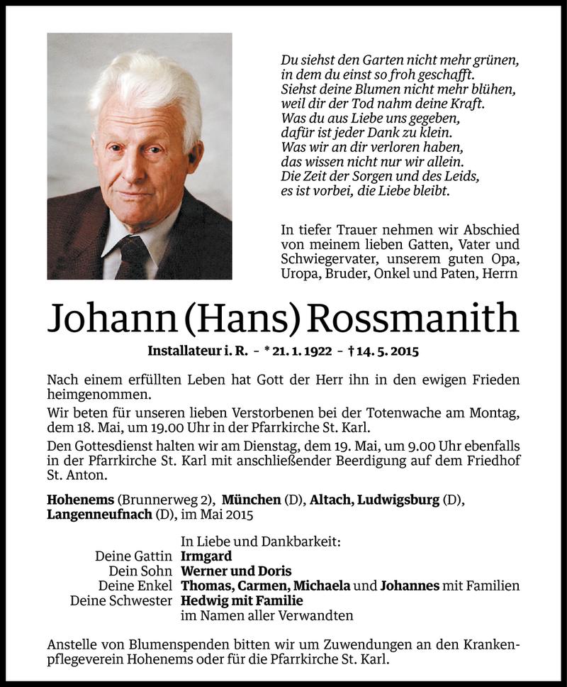  Todesanzeige für Johann Rossmanith vom 16.05.2015 aus Vorarlberger Nachrichten