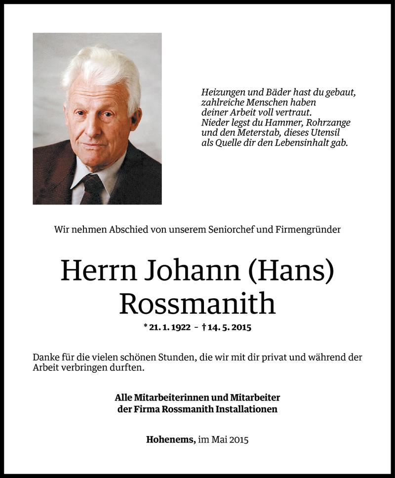  Todesanzeige für Johann Rossmanith vom 16.05.2015 aus Vorarlberger Nachrichten