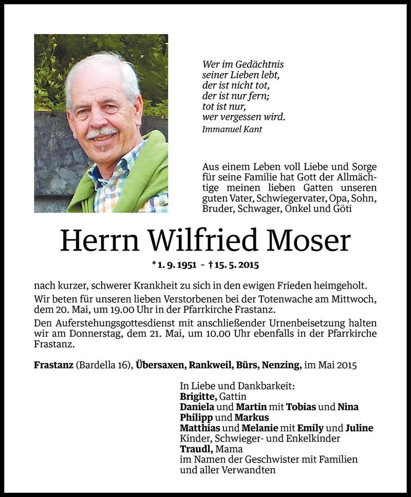  Todesanzeige für Wilfried Moser vom 16.05.2015 aus Vorarlberger Nachrichten