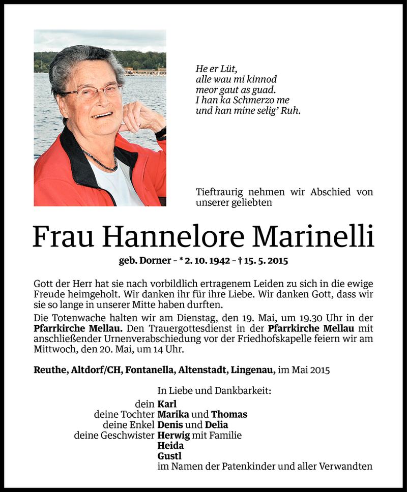  Todesanzeige für Hannelore Marinelli vom 18.05.2015 aus Vorarlberger Nachrichten