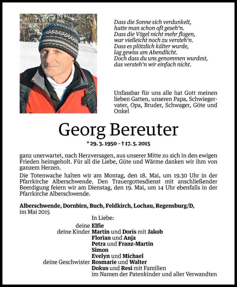  Todesanzeige für Georg Bereuter vom 17.05.2015 aus Vorarlberger Nachrichten