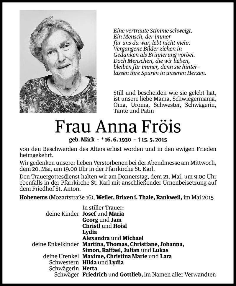  Todesanzeige für Anna Fröis vom 18.05.2015 aus Vorarlberger Nachrichten