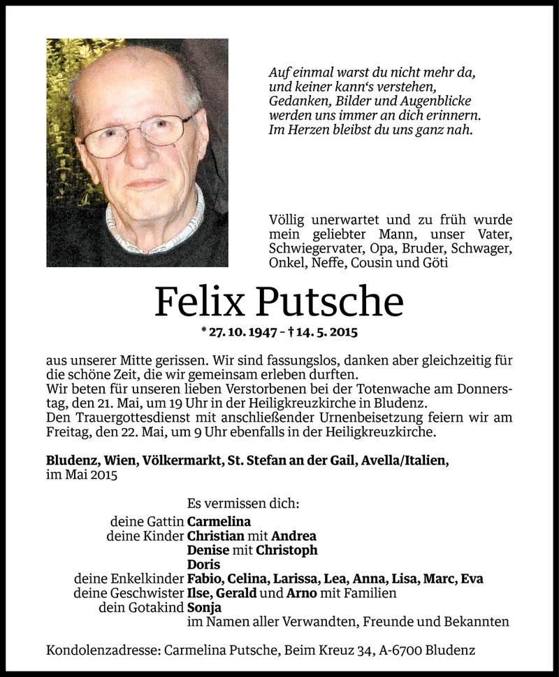  Todesanzeige für Felix Putsche vom 19.05.2015 aus Vorarlberger Nachrichten