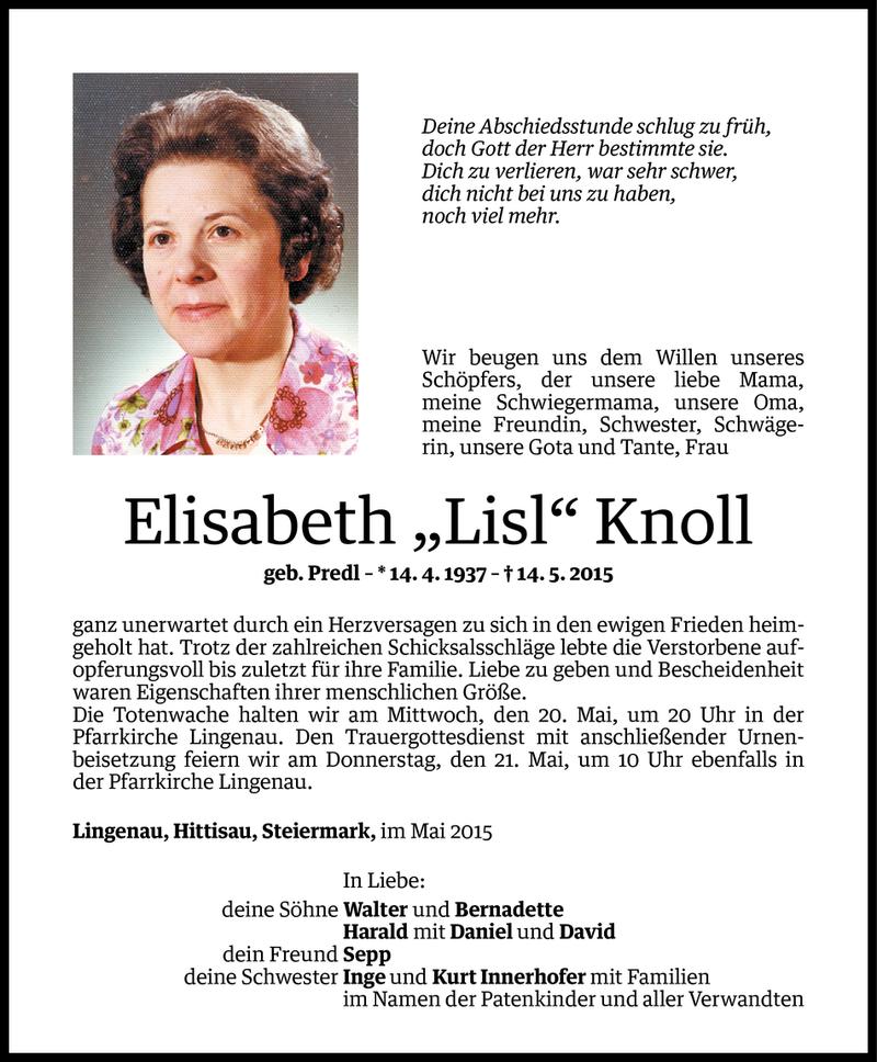  Todesanzeige für Elisabeth Knoll vom 18.05.2015 aus Vorarlberger Nachrichten