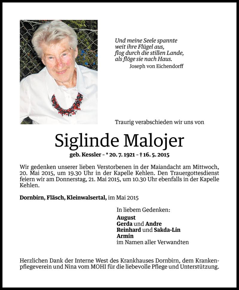  Todesanzeige für Sieglinde Malojer vom 18.05.2015 aus Vorarlberger Nachrichten