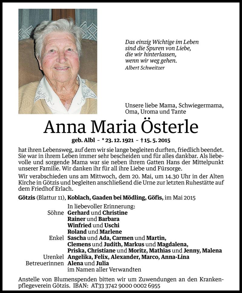  Todesanzeige für Anna Maria Österle vom 19.05.2015 aus Vorarlberger Nachrichten