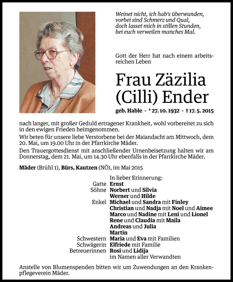  Todesanzeige für Zäzilia Ender vom 19.05.2015 aus Vorarlberger Nachrichten