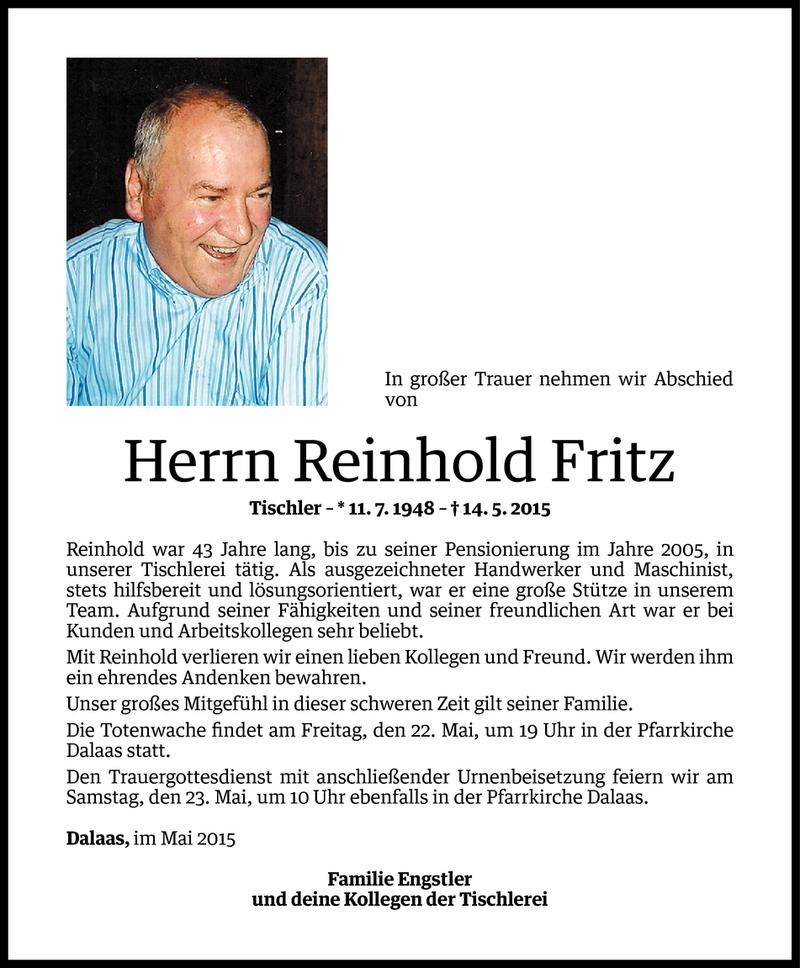  Todesanzeige für Reinhold Fritz vom 18.05.2015 aus Vorarlberger Nachrichten