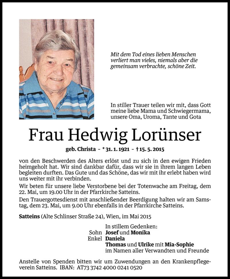  Todesanzeige für Hedwig Lorünser vom 20.05.2015 aus Vorarlberger Nachrichten