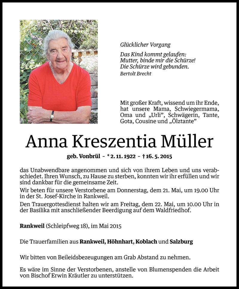  Todesanzeige für Anna Kreszentia Müller vom 19.05.2015 aus Vorarlberger Nachrichten