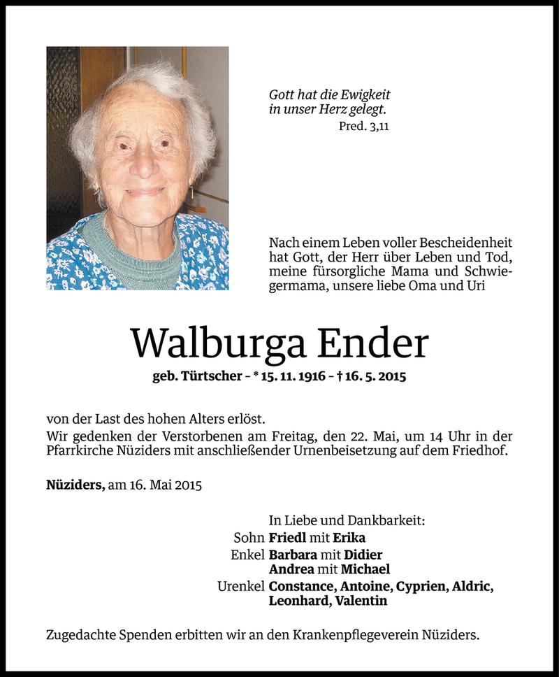  Todesanzeige für Walburga Ender vom 20.05.2015 aus Vorarlberger Nachrichten