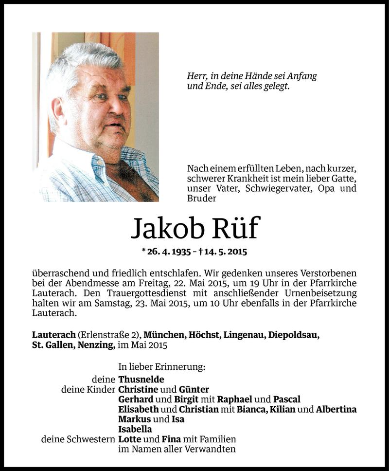 Todesanzeige für Jakob Rüf vom 20.05.2015 aus Vorarlberger Nachrichten