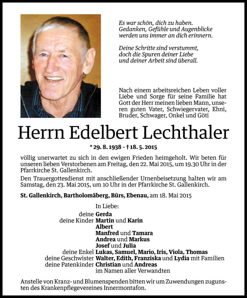  Todesanzeige für Edelbert Lechthaler vom 19.05.2015 aus Vorarlberger Nachrichten