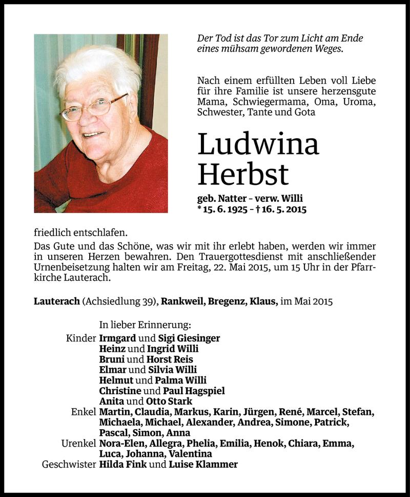  Todesanzeige für Ludwina Herbst vom 19.05.2015 aus Vorarlberger Nachrichten